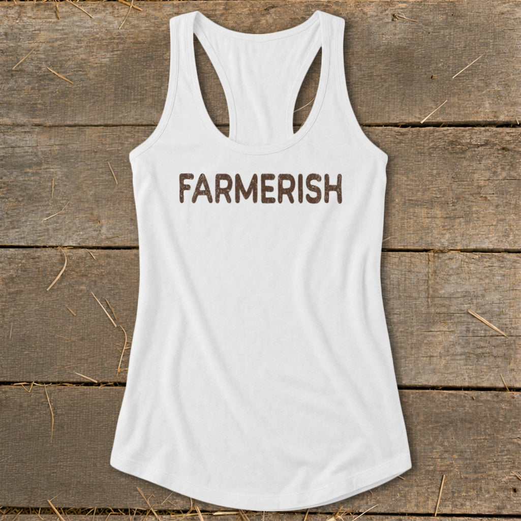 White racerback tank top with "FARMERISH" text in brown.