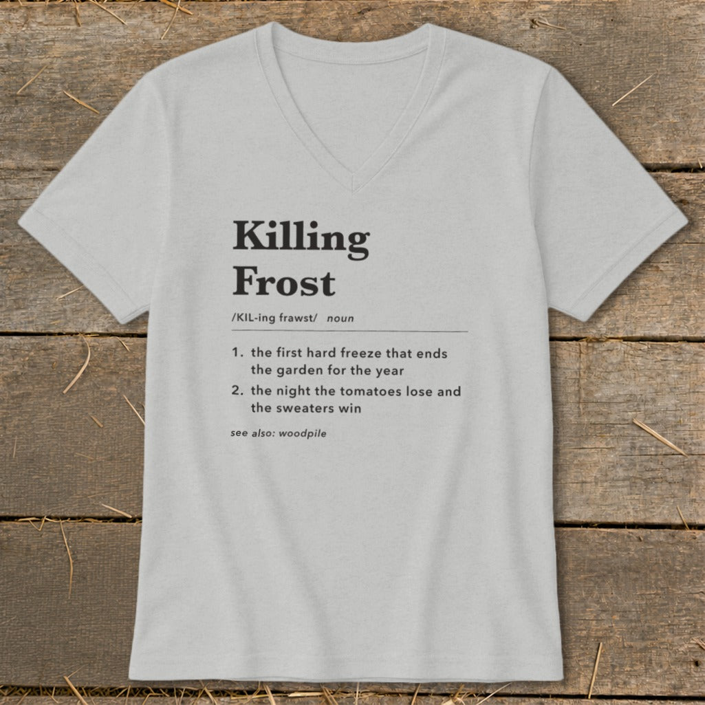 A grey V-neck t-shirt featuring dictionary-style text defining the term Killing Frost.