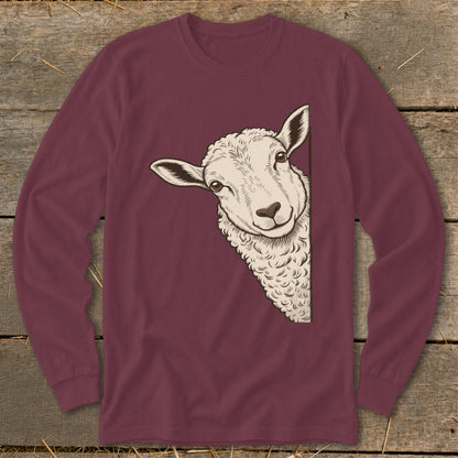 Long sleeve maroon t-shirt with a cartoon sheep peeking from the side.
