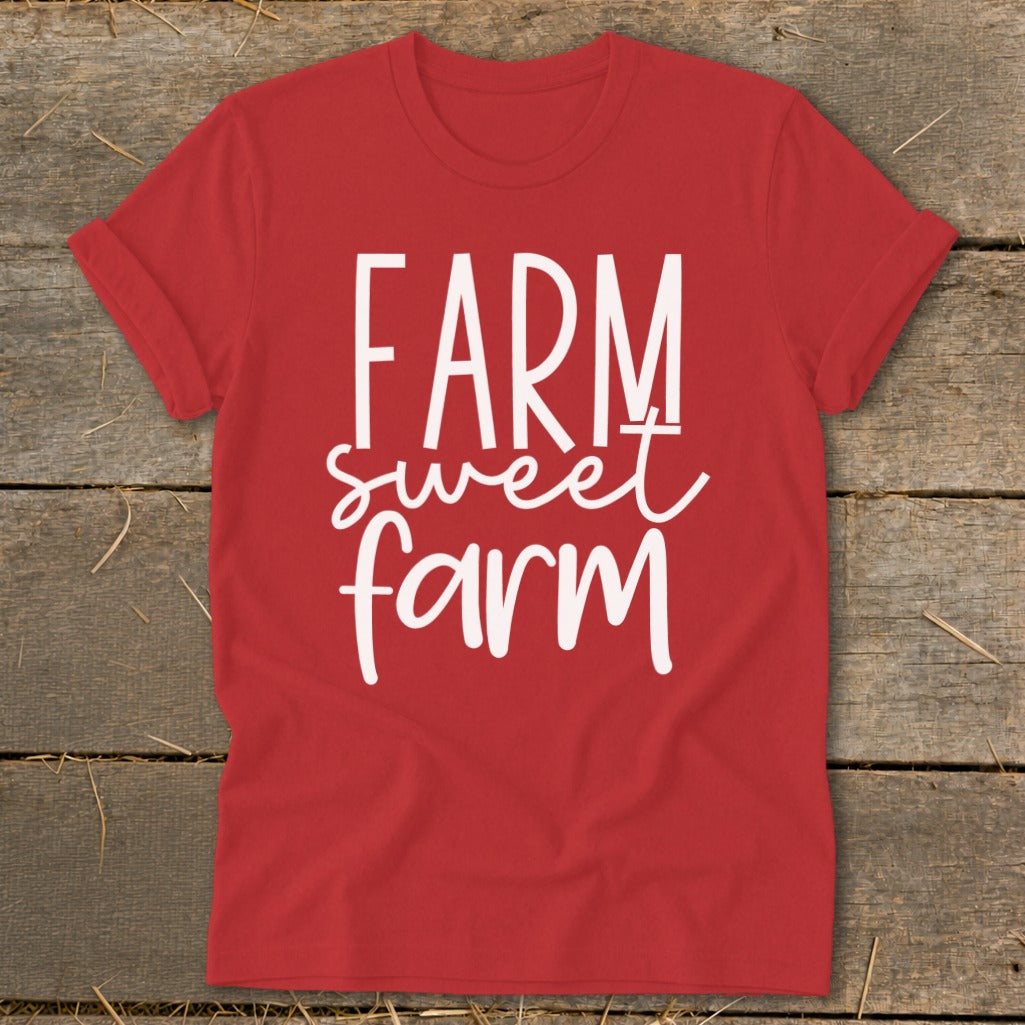 Red t-shirt with white text that reads "FARM sweet farm".
