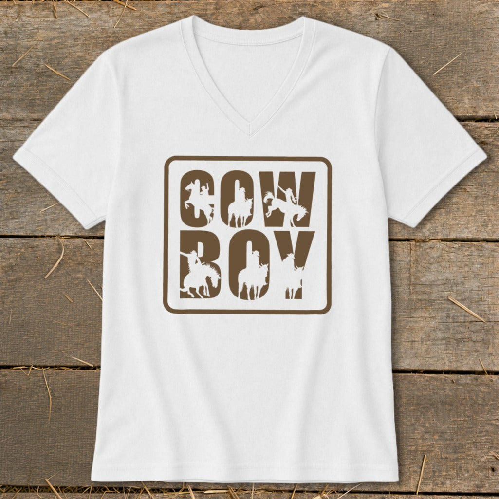 White t-shirt with brown text and cowboy silhouettes, spelling "COW BOY".