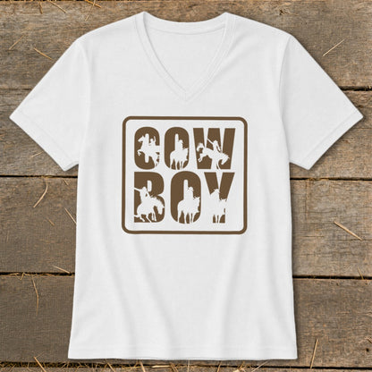 White t-shirt with brown text and cowboy silhouettes, spelling "COW BOY".