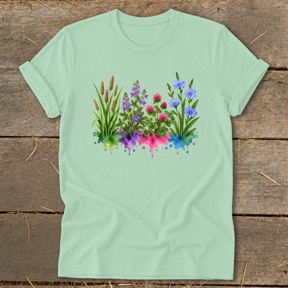 A light green t-shirt with a graphic of colorful watercolor wildflowers printed on the center.