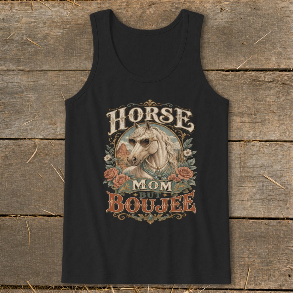 Black tank top with "Horse Mom But Boujee" graphic featuring a horse wearing sunglasses.