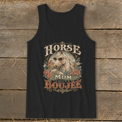 Black tank top with "Horse Mom But Boujee" graphic featuring a horse wearing sunglasses.