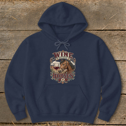 Navy hoodie with "Wine Because Horses" graphic featuring a horse and wine glass.