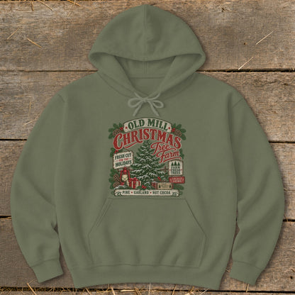 Olive green hoodie with "Old Mill Christmas Tree Farm" graphic.