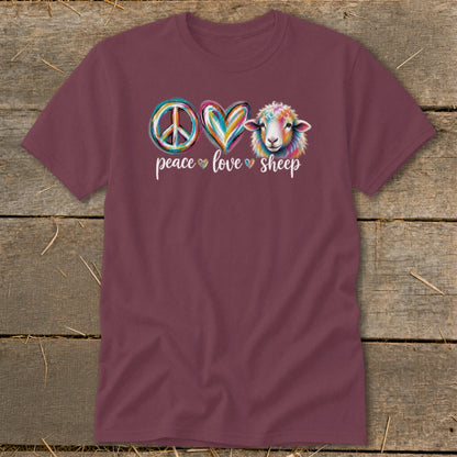 Maroon t-shirt with a peace sign, heart, and sheep graphic with "peace love sheep" text.