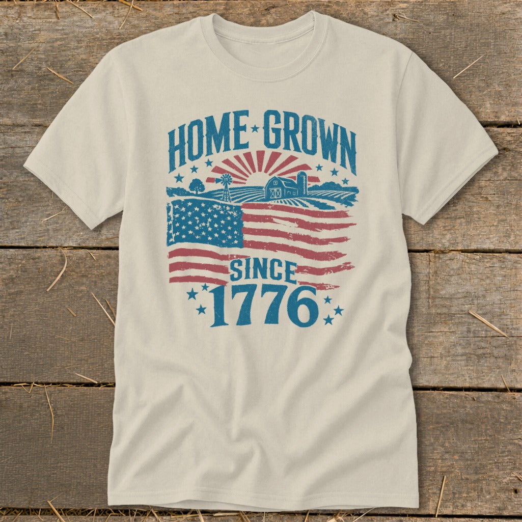 Cream t-shirt with "HOME GROWN SINCE 1776" text and American flag farm scene.