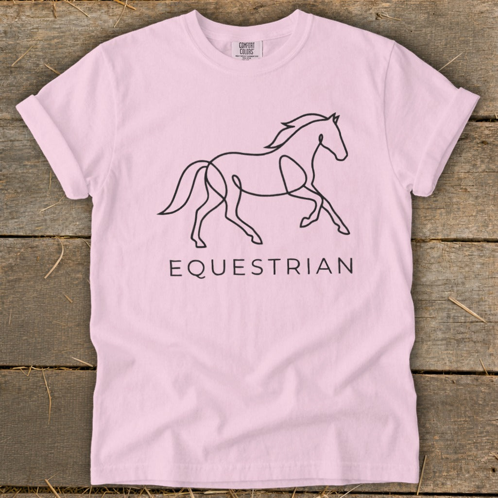 Pink t-shirt with a black outline of a running horse and the word "EQUESTRIAN".