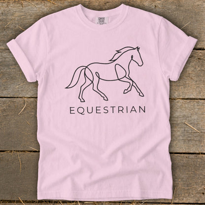Pink t-shirt with a black outline of a running horse and the word "EQUESTRIAN".