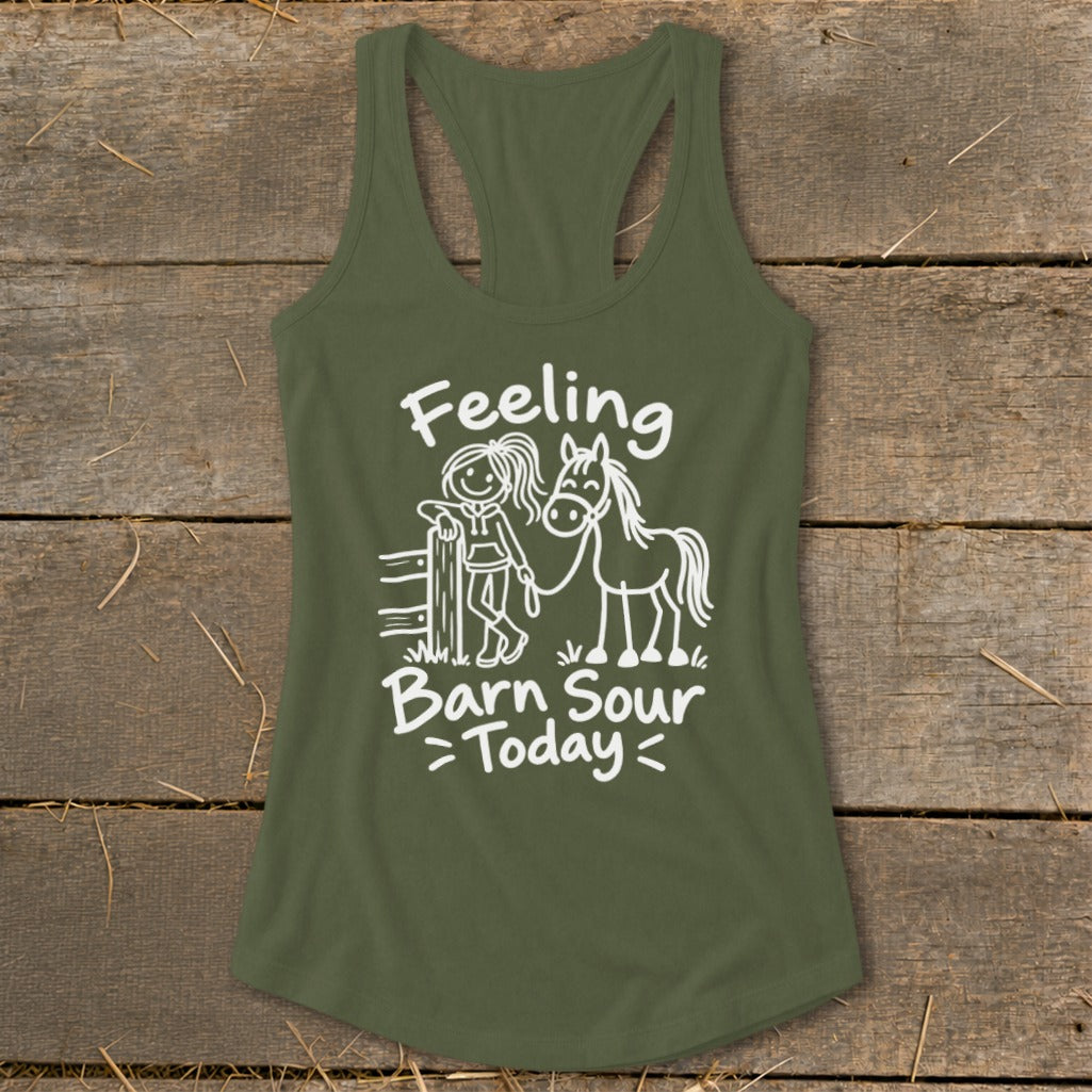Green tank top with white graphic of girl and horse, reading "Feeling Barn Sour Today".