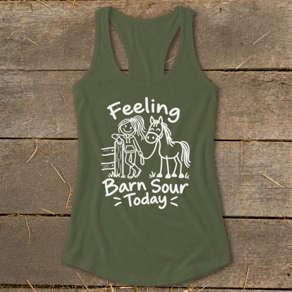 Green tank top with white graphic of girl and horse, reading "Feeling Barn Sour Today".