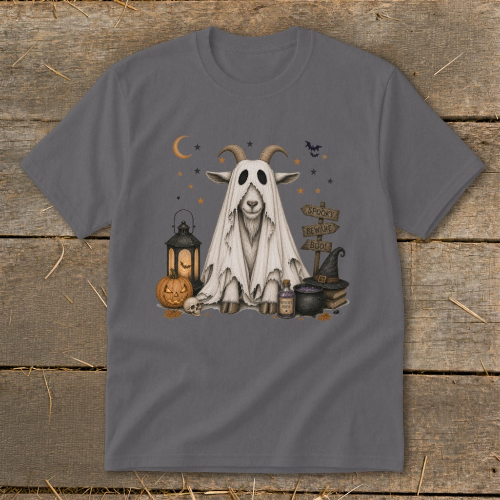 Goat dressed as a ghost with Halloween decorations and a "Spooky, Beware, Boo!" sign.