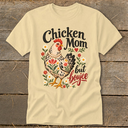 Cream t-shirt with chicken graphic and text "Chicken Mom but boujee".