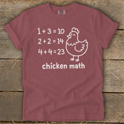 Maroon t-shirt with "Chicken Math" and funny math equations with a chicken graphic.