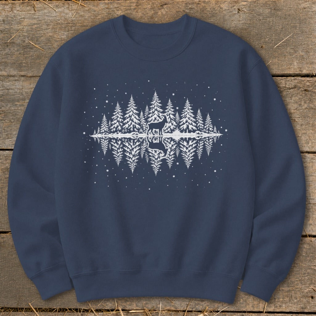 Navy sweatshirt with white silhouette of deer in pine forest reflected in water.