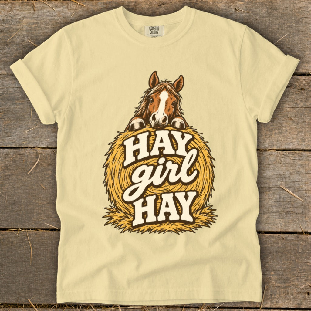 Horse peeking over hay bale with text "HAY girl HAY".