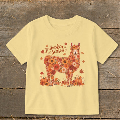 Light yellow t-shirt with a floral llama graphic and "pumpkin season" text.