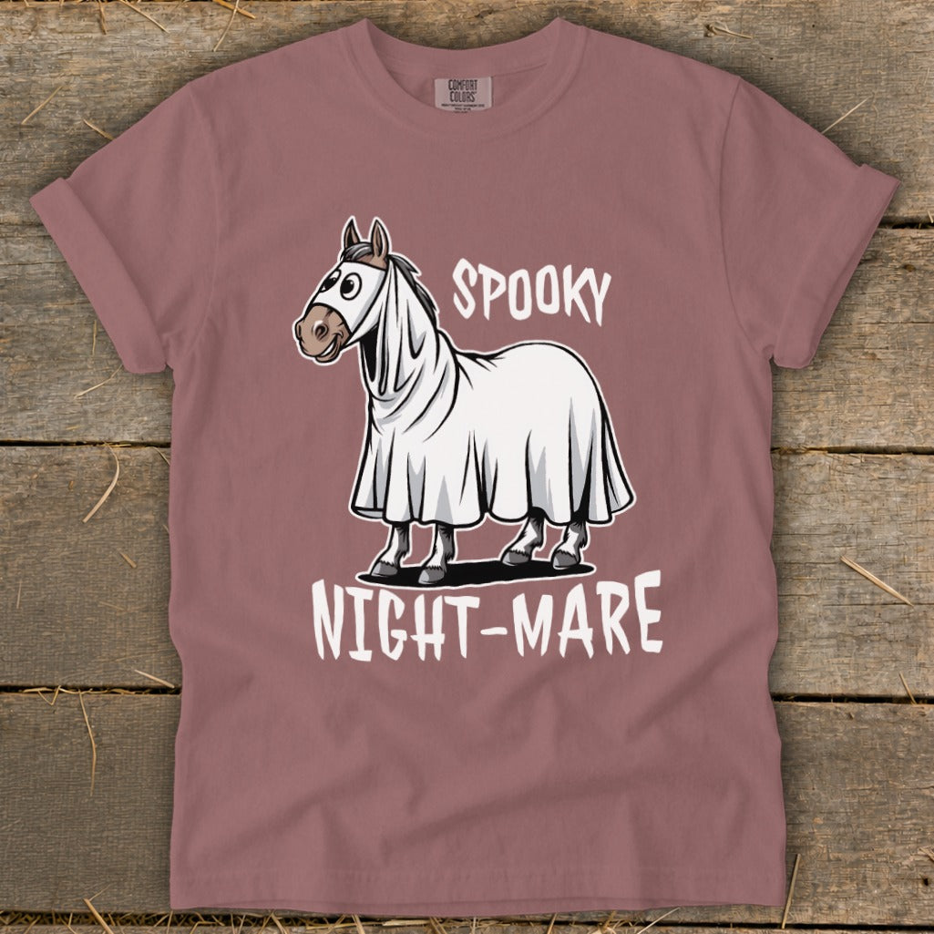 Horse wearing ghost costume with text "SPOOKY NIGHT-MARE"