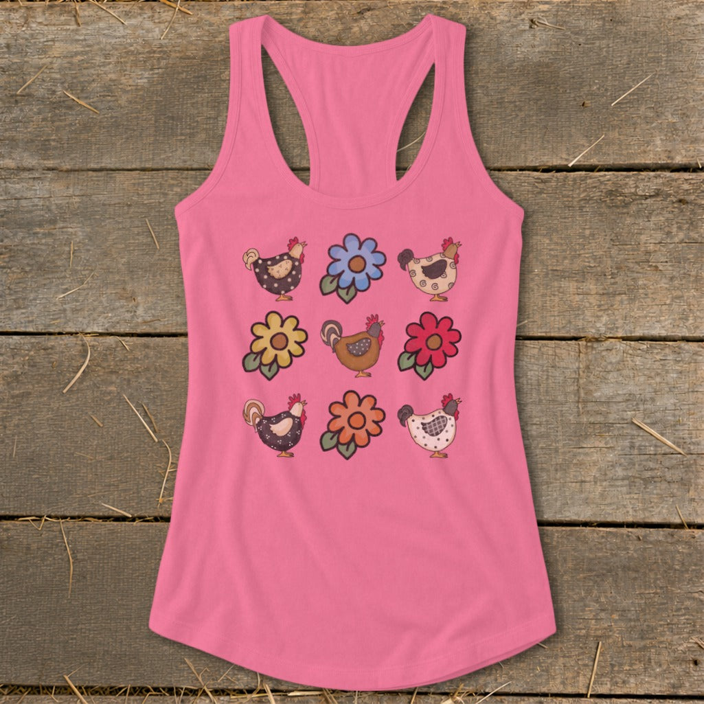 Pink tank top with a pattern of chickens and flowers.