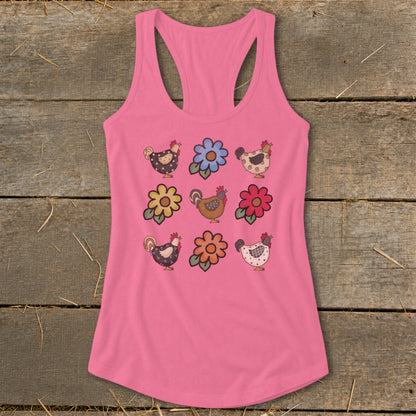 Pink tank top with a pattern of chickens and flowers.