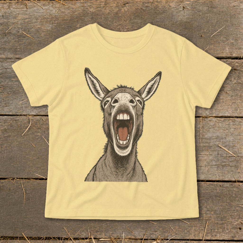 Light yellow t-shirt with a drawing of a donkey with its mouth wide open.