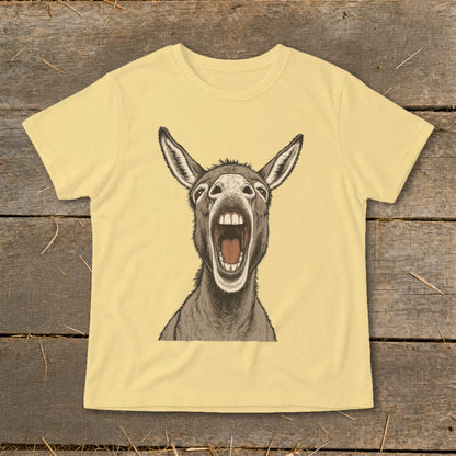 Light yellow t-shirt with a drawing of a donkey with its mouth wide open.