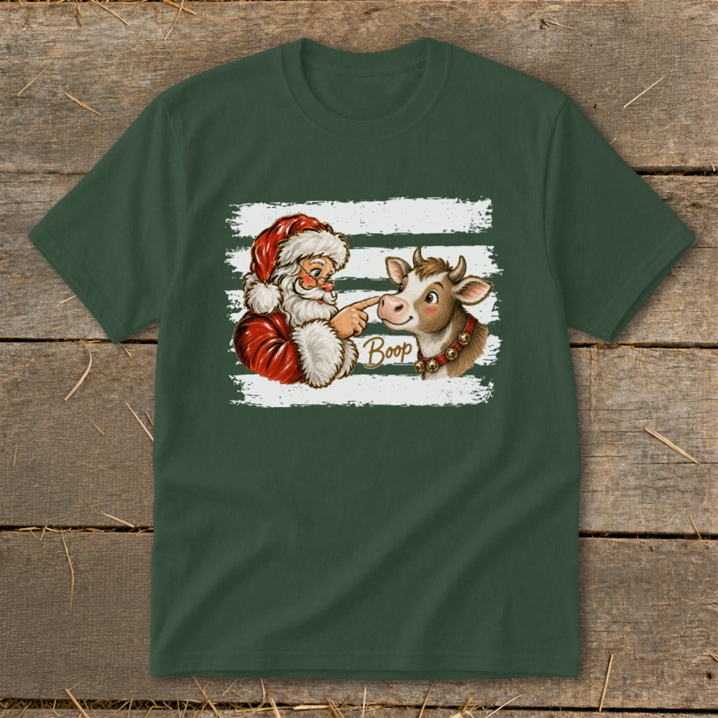 Santa boops a cow on the nose with "Boop" text.