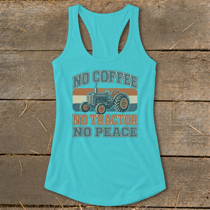 Turquoise tank top with "No Coffee No Tractor No Peace" text and tractor graphic.