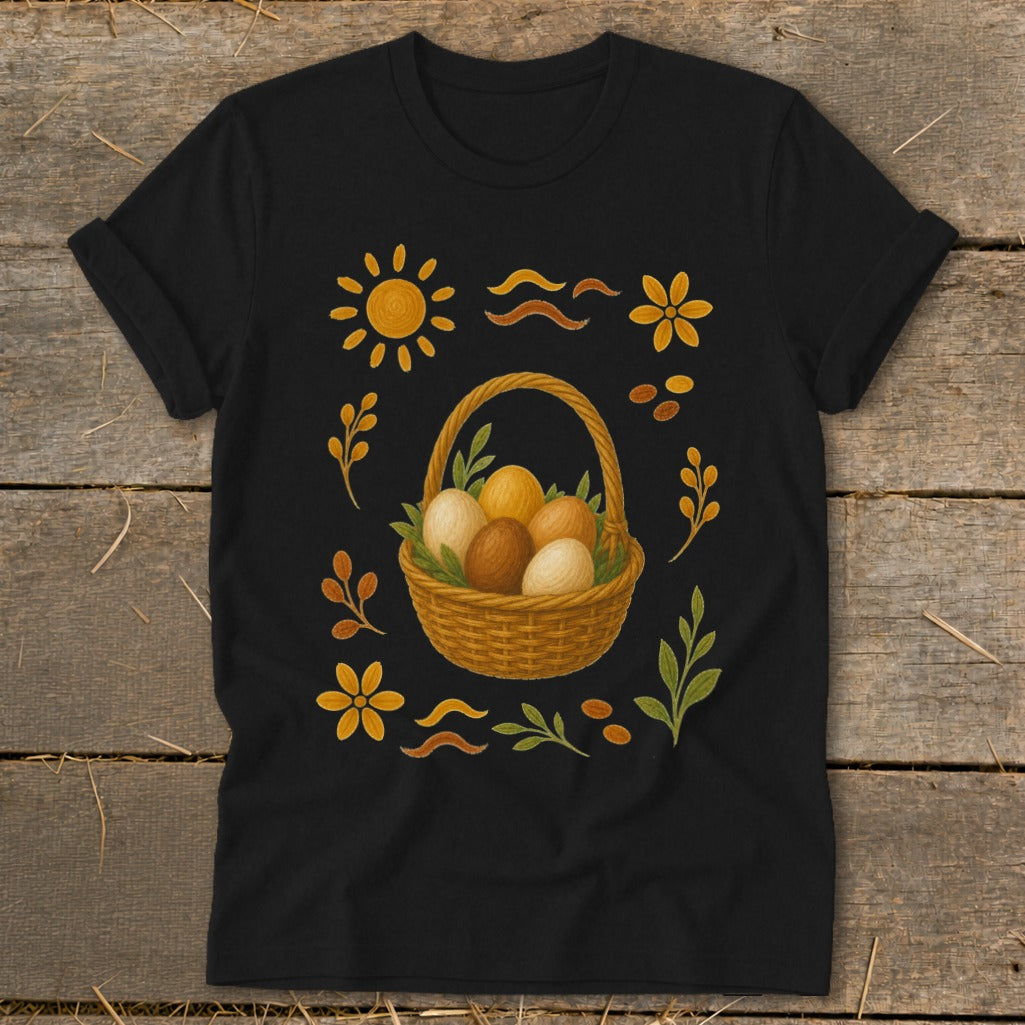 Black t-shirt featuring an Easter basket filled with eggs and decorative elements.