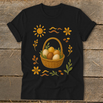 Black t-shirt featuring an Easter basket filled with eggs and decorative elements.