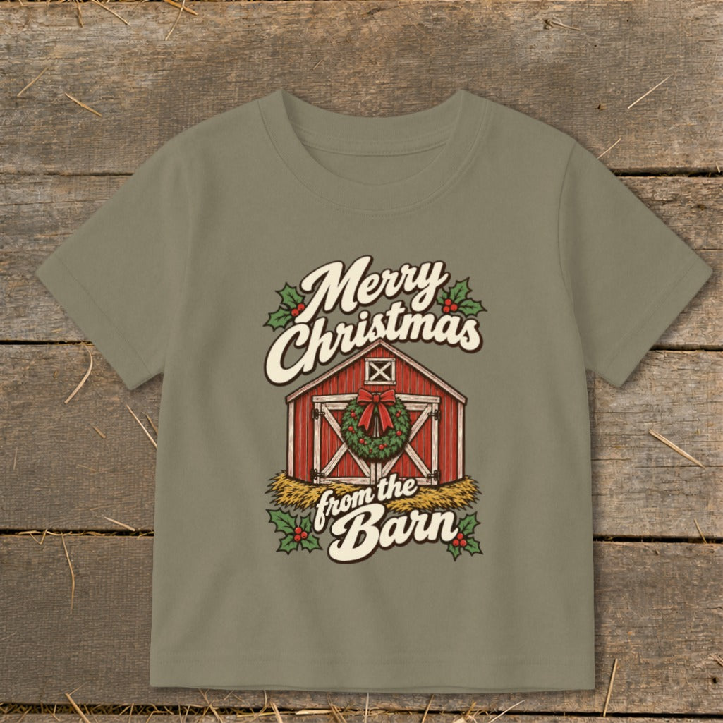 T-shirt with "Merry Christmas from the Barn" text and barn graphic.