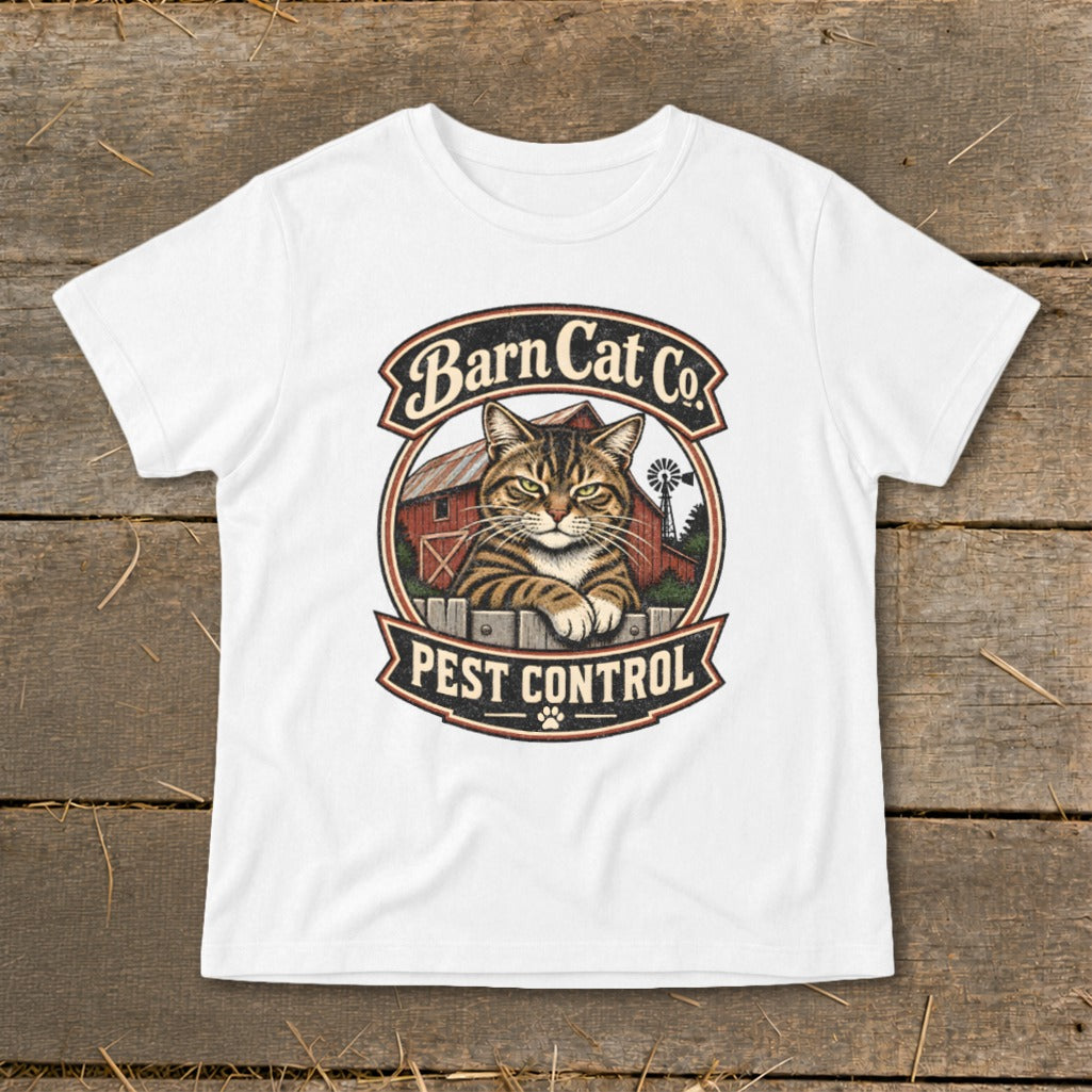 A white t-shirt featuring a vintage Barn Cat Co. pest control graphic laid flat on wood.