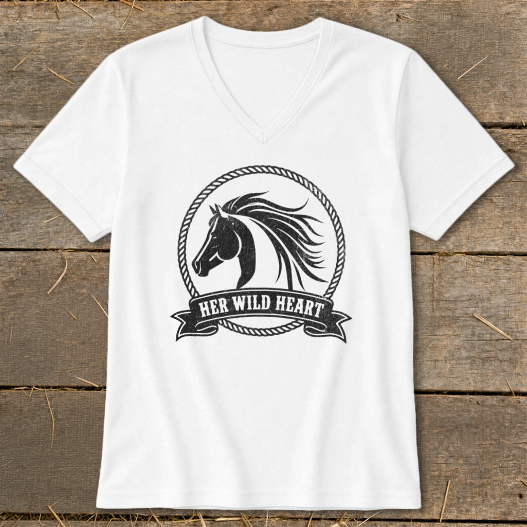 White v-neck t-shirt with a circular horse graphic and "Her Wild Heart" text.