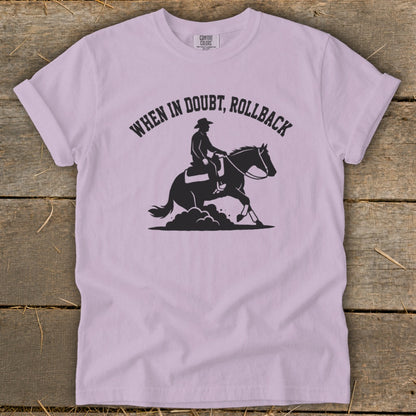 Black graphic of a rider on a horse with the text "WHEN IN DOUBT, ROLLBACK".