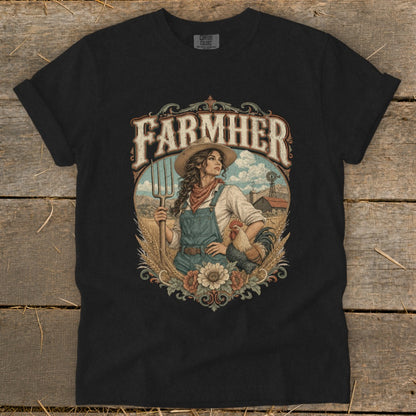 Black t-shirt with FarmHer graphic of a woman with pitchfork and rooster on farm.