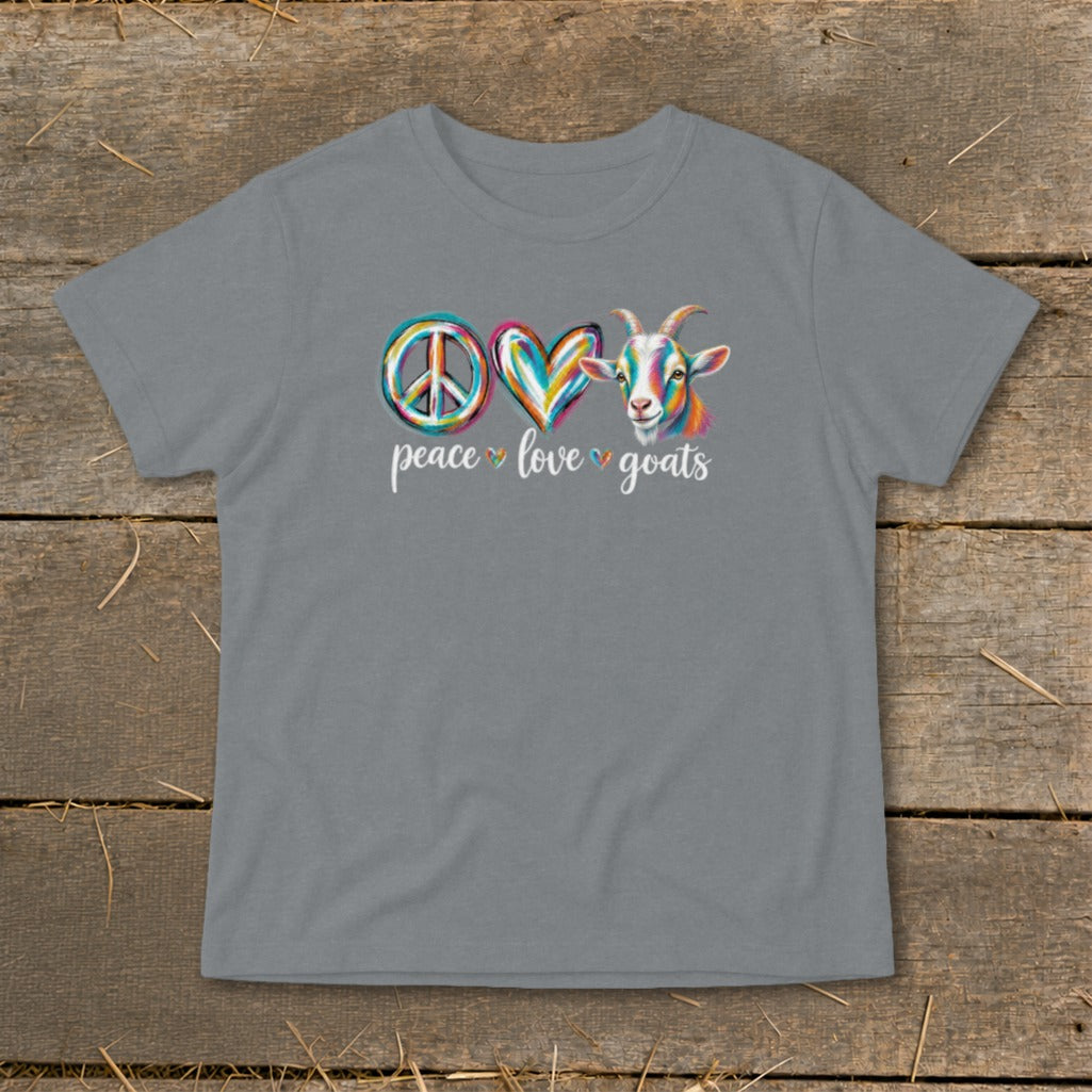 Gray t-shirt with colorful peace sign, heart, and goat graphic and text "peace love goats".