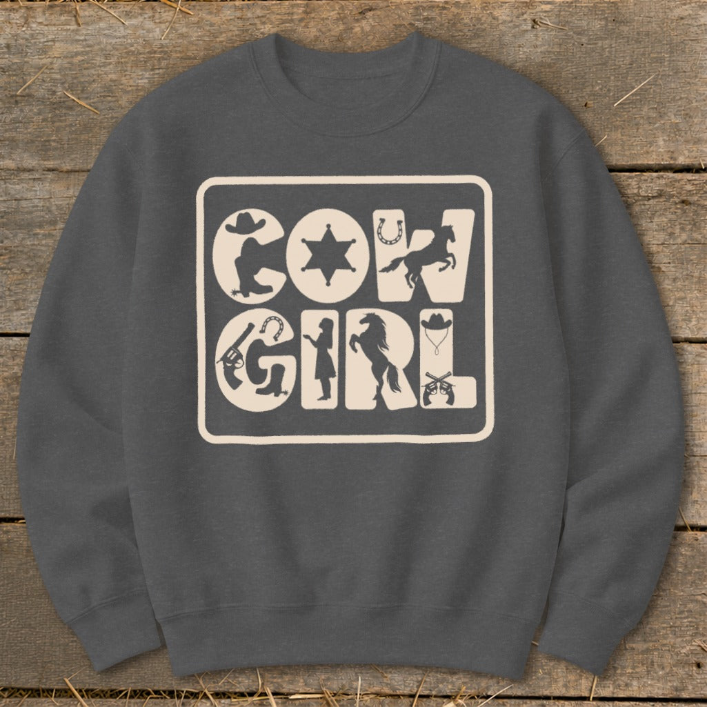 Crewneck sweatshirt with "Cow Girl" graphic featuring western-themed silhouettes and icons.