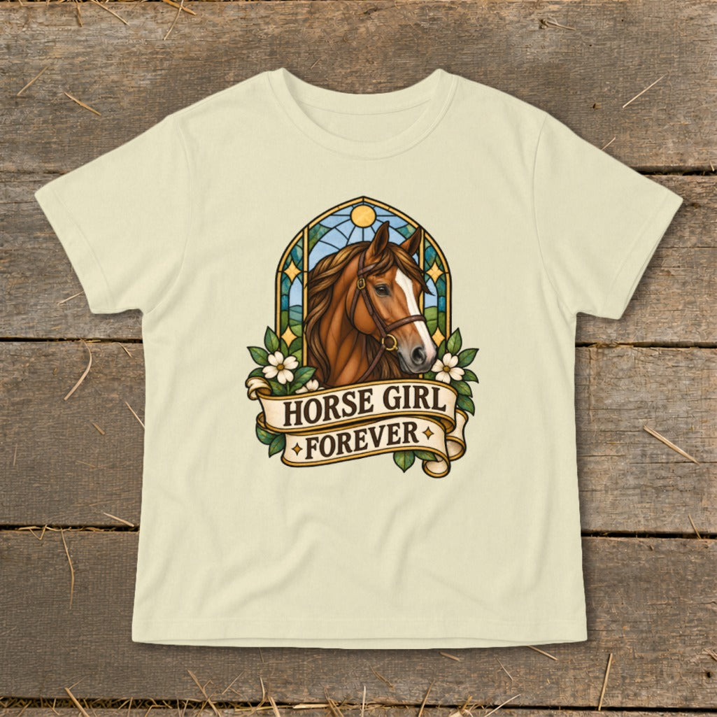 Cream t-shirt with a stained-glass horse head and "Horse Girl Forever" ribbon.