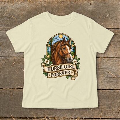 Cream t-shirt with a stained-glass horse head and "Horse Girl Forever" ribbon.
