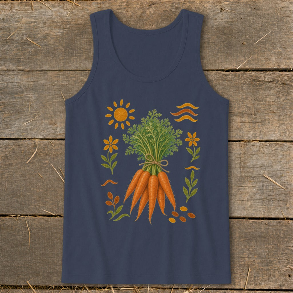 Navy tank top with a bunch of carrots and surrounding garden illustrations.