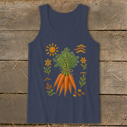 Navy tank top with a bunch of carrots and surrounding garden illustrations.