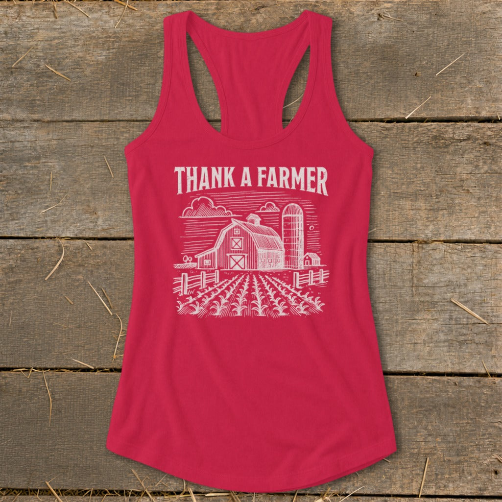 Red tank top with "THANK A FARMER" text and farm graphic.