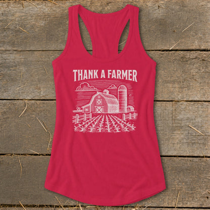 Red tank top with "THANK A FARMER" text and farm graphic.