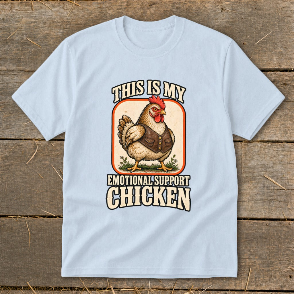 Light blue t-shirt graphic with a chicken wearing a vest, text reads "This is my emotional support chicken."