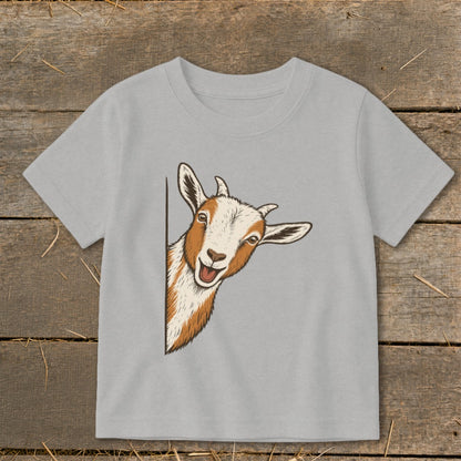 Light grey t-shirt with a cartoon goat peeking from behind a corner.