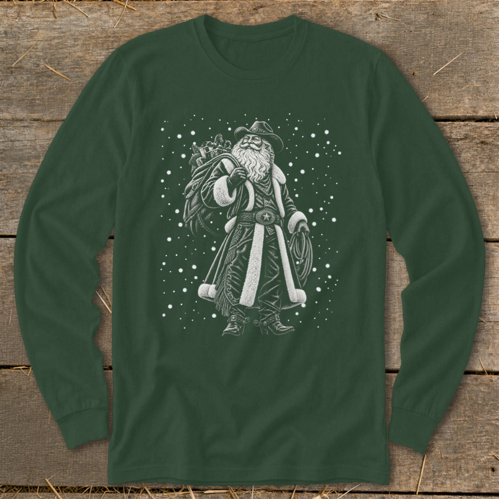 Cowboy Santa with sack of gifts and lasso on green long sleeve shirt.