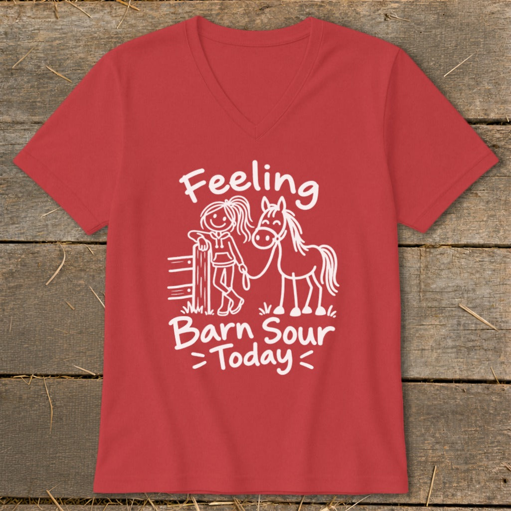 Red v-neck t-shirt with a white graphic of a girl and horse, reading "Feeling Barn Sour Today".