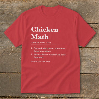 Red t-shirt with "Chicken Math" definition including numbered explanations.